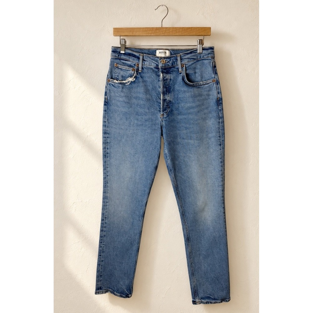 Agolde Riley Long Jeans Women 28 Blue Distressed Denim High Rise Straight Leg